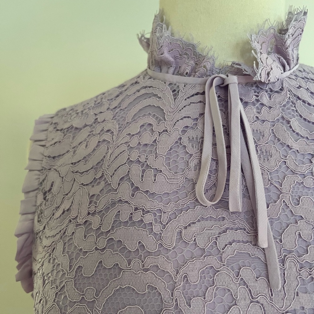 SANDRO PARIS lilac lace mini dress with ruffle and ribbon tie detail